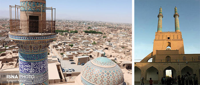 مناره های مسجد جامع یزد (تصویر چپ : خبرگزاری ایسنا)